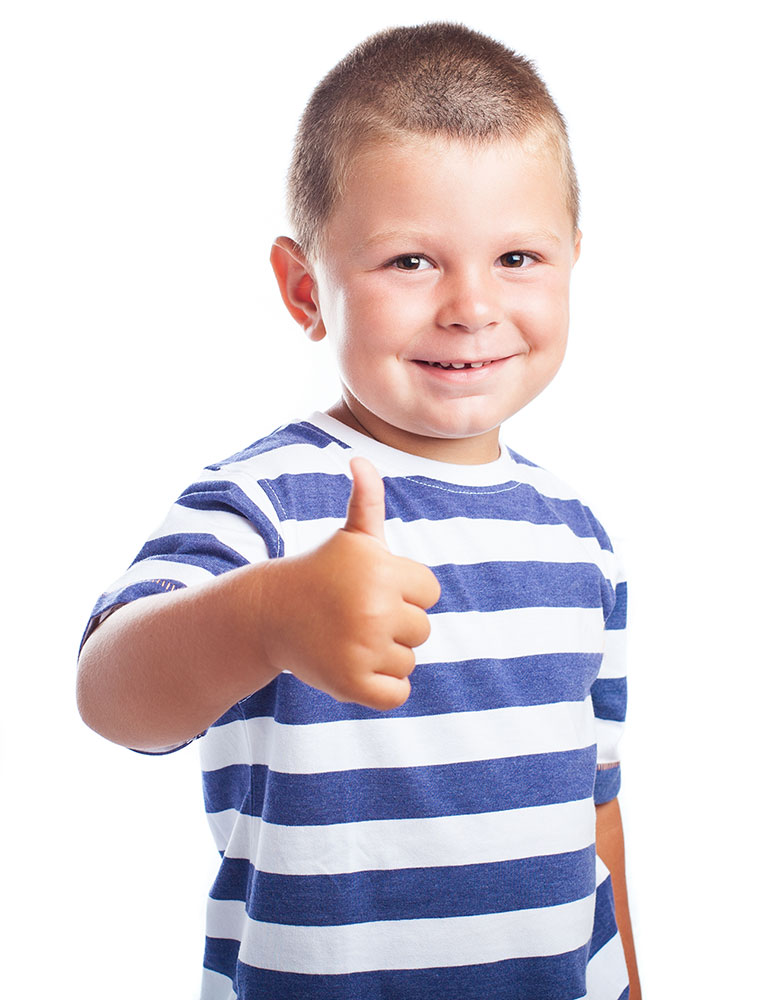 child thumb finger up with a white background